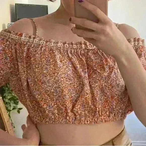ZARA FLORAL OFF SHOULDER CROP TOP/  LACE TRIM SIZE L - Picture 5 of 5